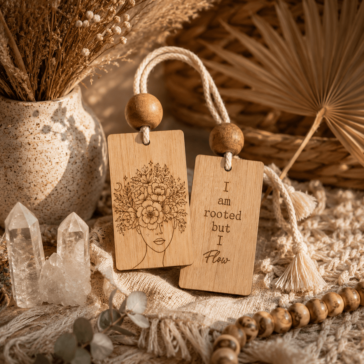 Two wooden tags with engraved designs and text, surrounded by dried plants, crystals, and beads on a textured surface.