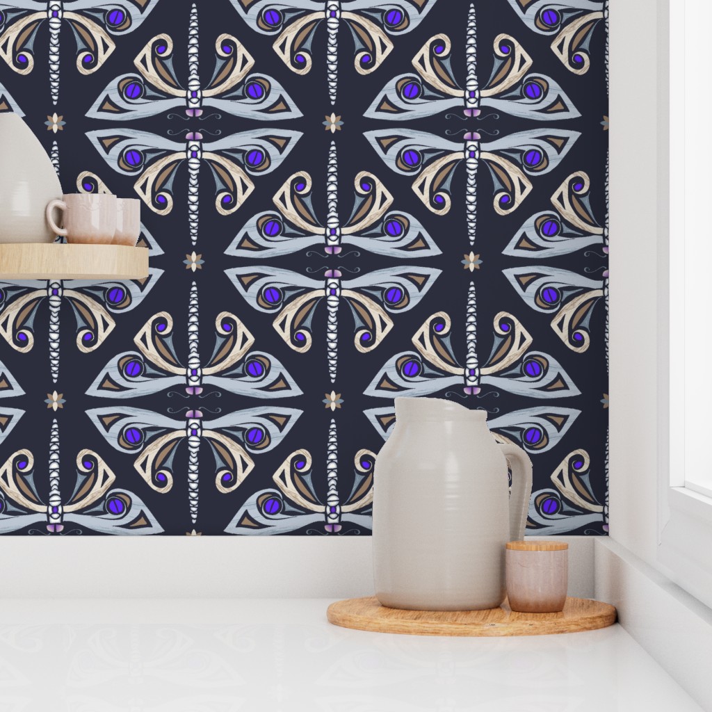 Decorative wall with a black, white, and purple geometric pattern, a white pitcher, a small container, and a window.