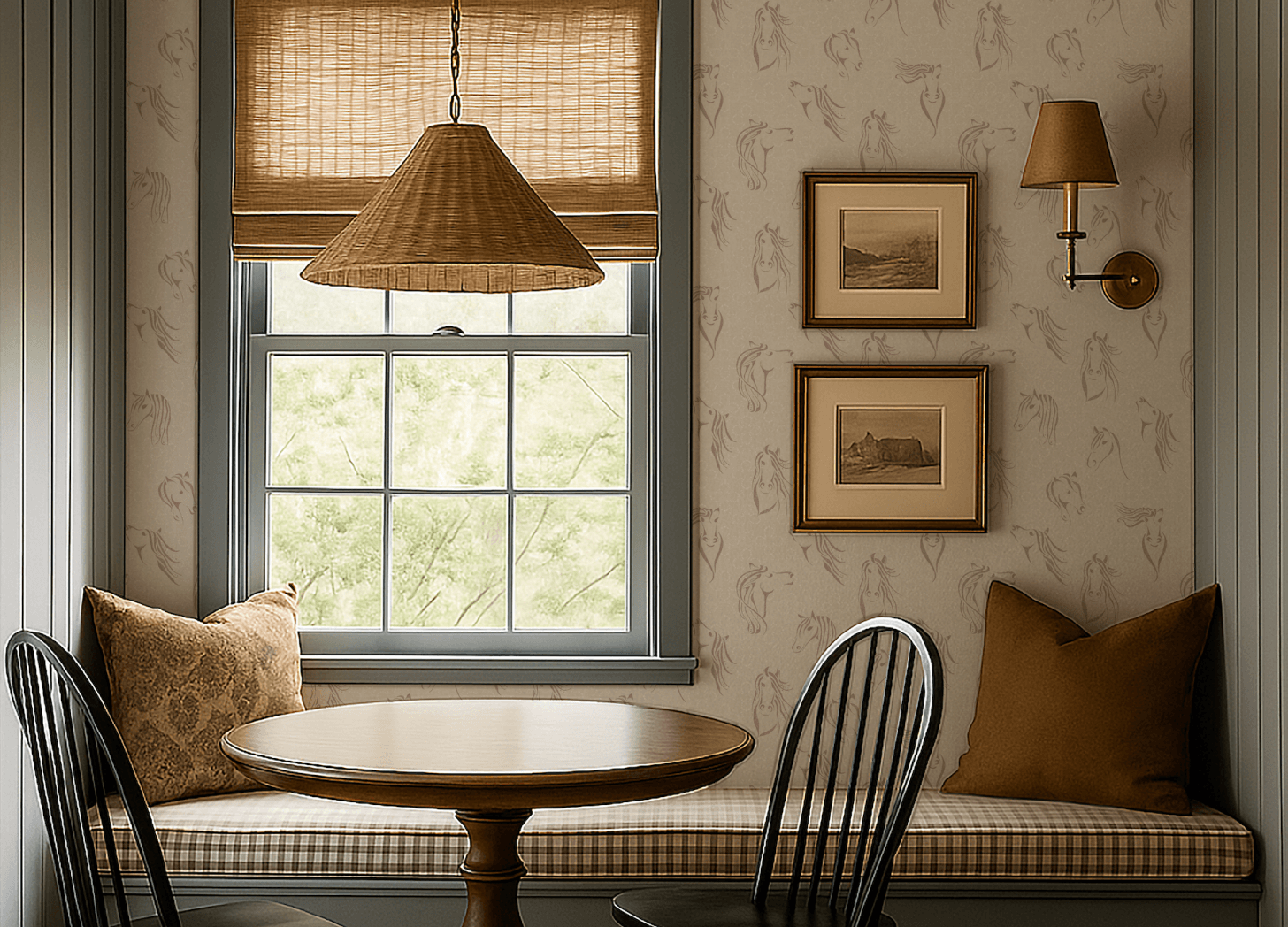 Interior scene with a round table, two chairs, window with blinds, and wall with framed pictures and a wall sconce.