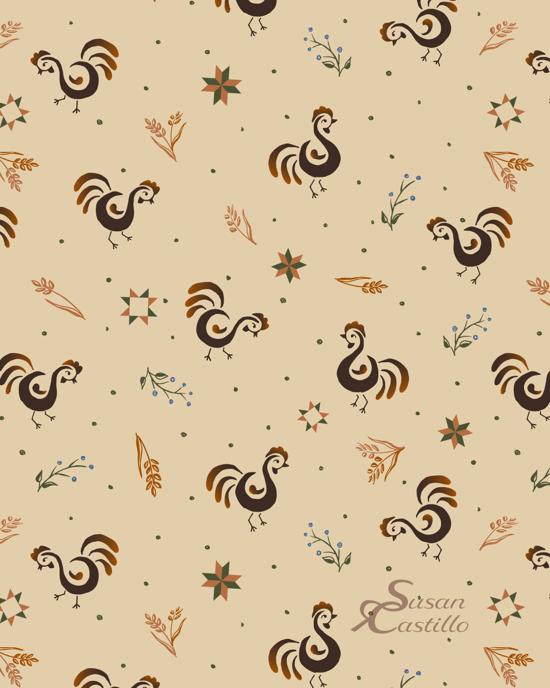Pattern with roosters, stars, leaves, and small dots on a beige background, with the name 'Cesar Castillo' in the bottom right corner.