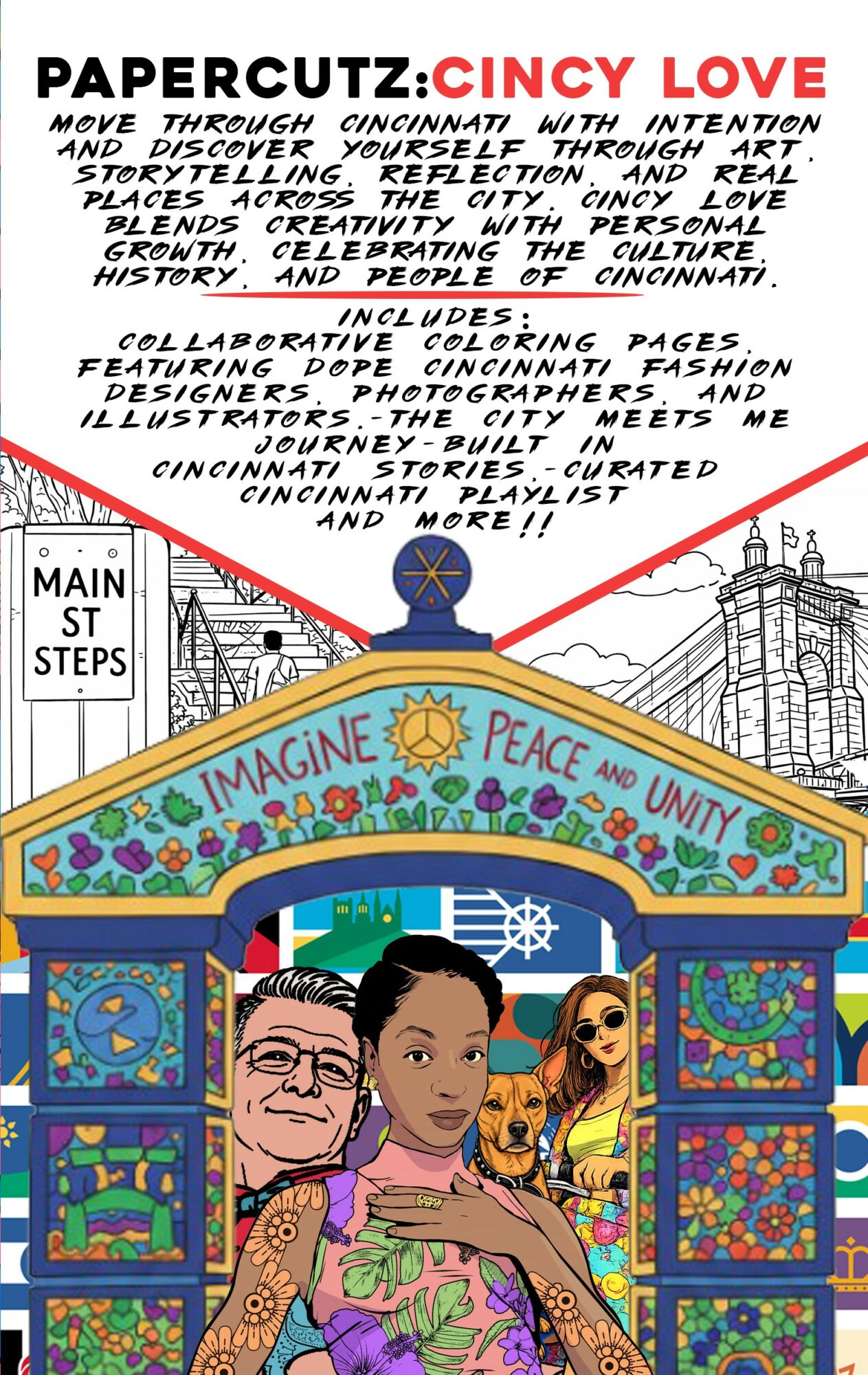 Colorful mural with people, flowers, and symbols, promoting Cincinnati love, peace, and unity, with text about cultural stories and events.