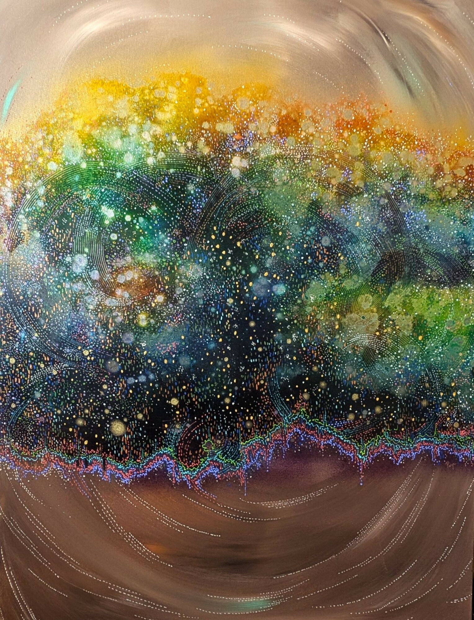 Abstract colorful cosmic scene with stars, nebulae, and vibrant patterns in a circular composition.