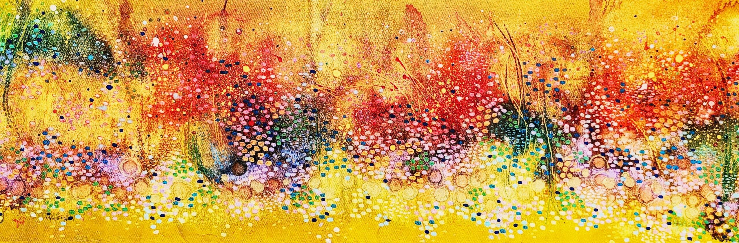 Abstract colorful painting with splashes of red, yellow, green, and purple on a yellow background.
