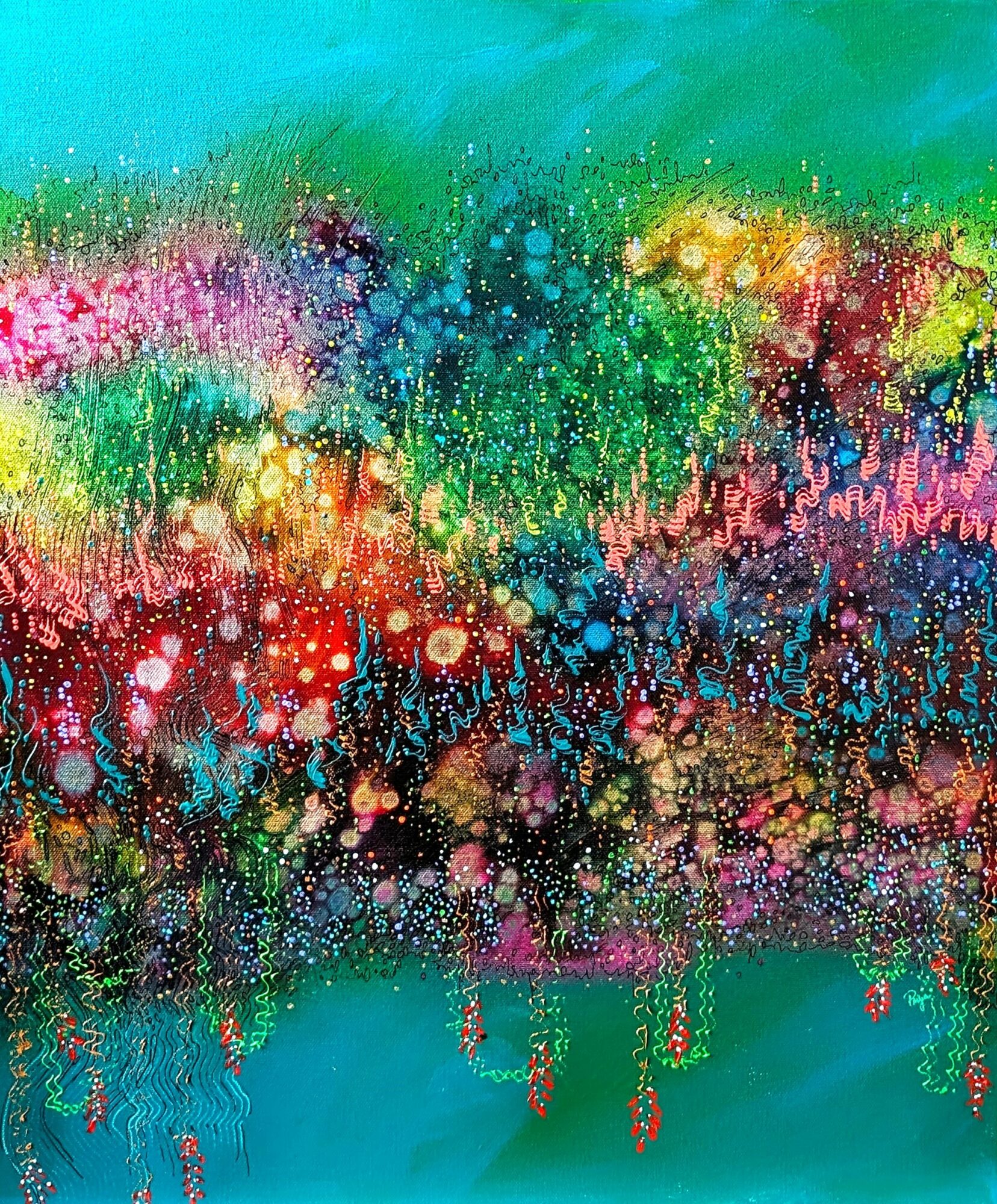 Abstract colorful painting with splashes of pink, blue, green, yellow, and red, resembling a vibrant explosion of colors.
