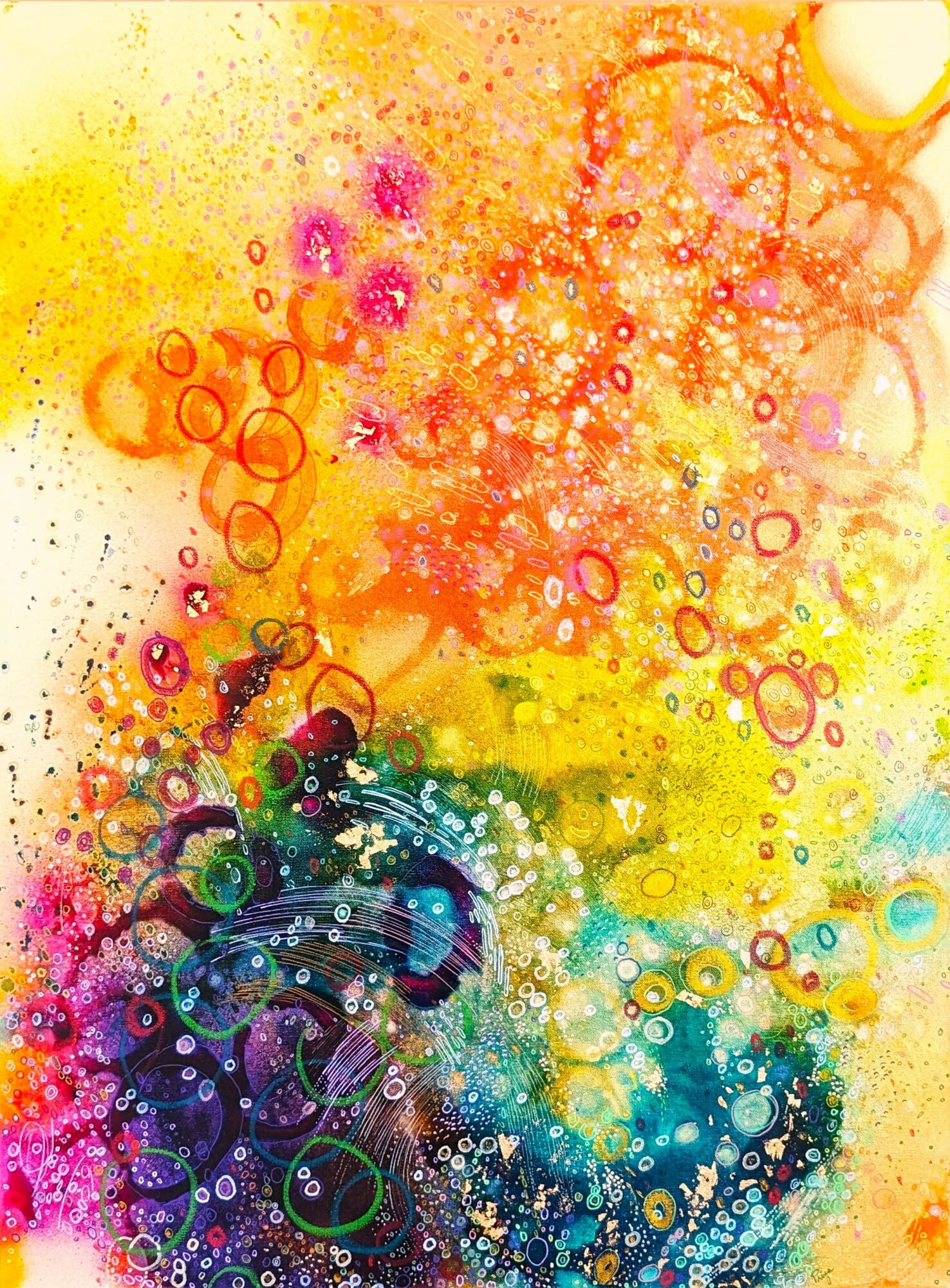 Abstract colorful splashes with circles in yellow, orange, pink, purple, blue, and green hues.