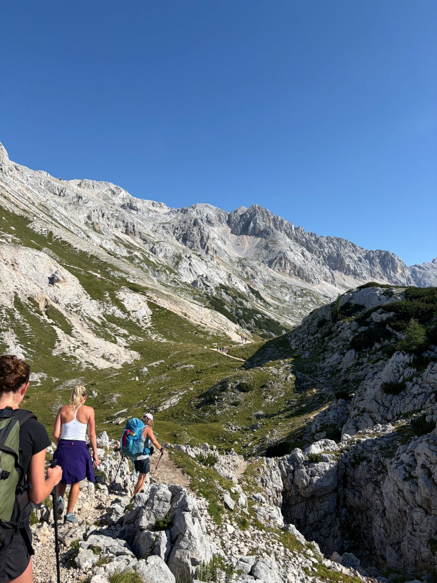 Group of hikers walking on a rocky mountain trail with rugged peaks and clear blue sky in the background.