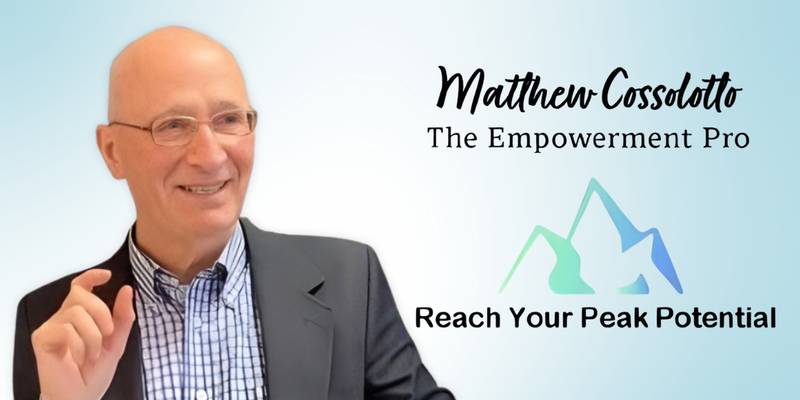 Smiling man in a suit and glasses, with text about Matthew Cossolotto and reaching peak potential.