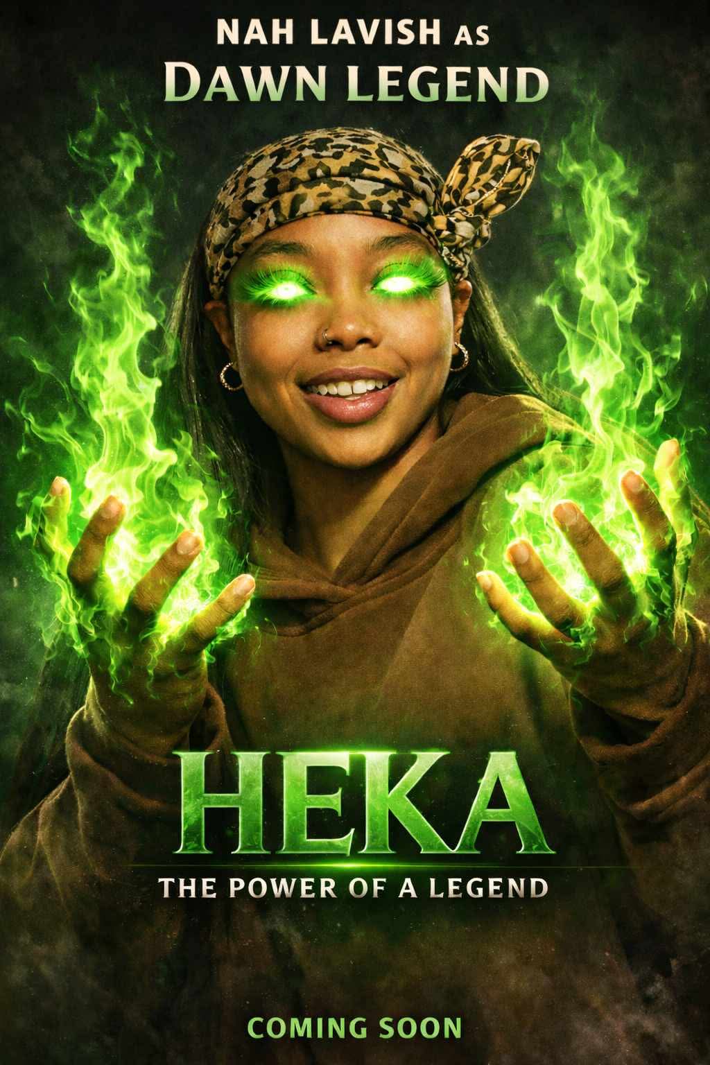 Woman with glowing green eyes and hands surrounded by green energy, wearing a leopard print headscarf, smiling.