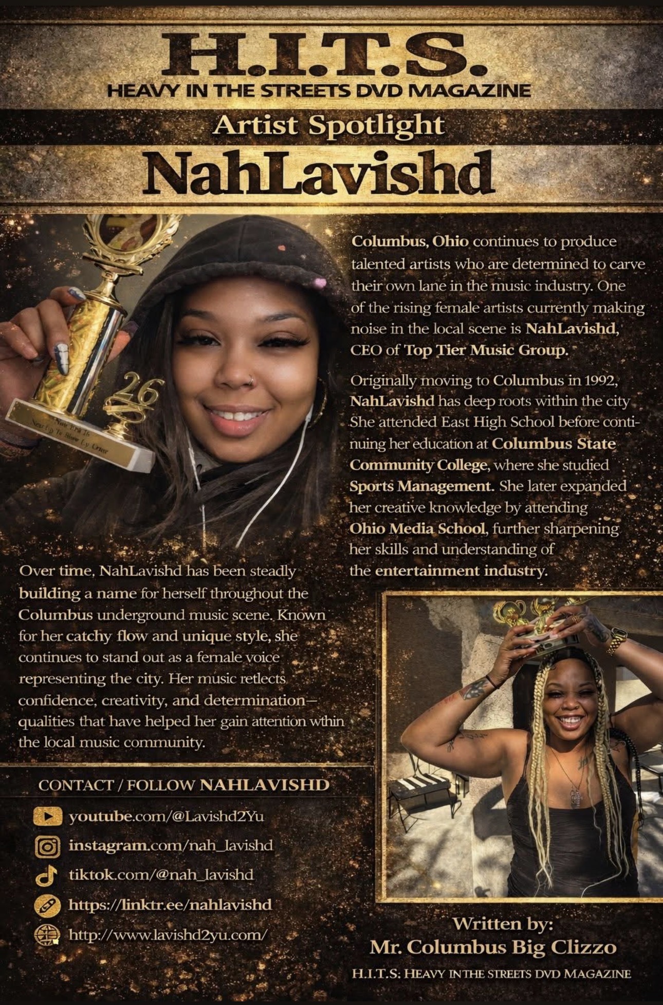 Young woman holding a trophy and smiling, wearing a black hat, with a magazine cover background. Two images of her holding the trophy are shown.