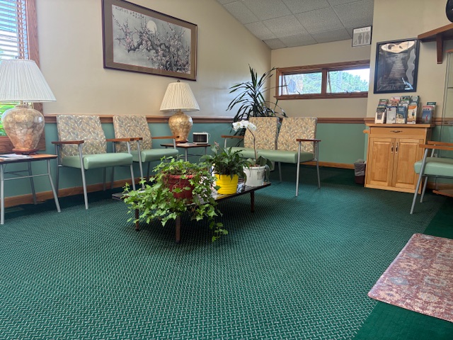 Waiting room with chairs, plants, lamps, and a wooden cabinet, carpeted floor, and large window.
