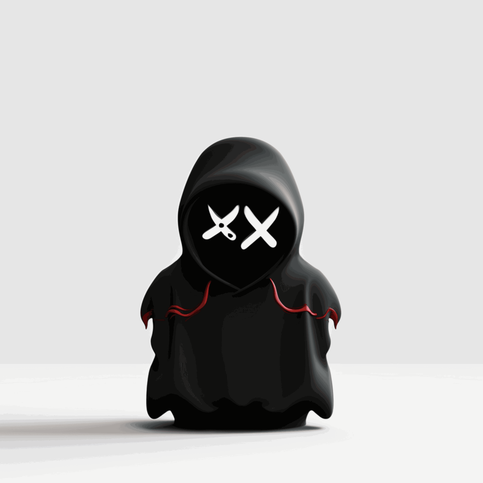 Small black ghost-like figure with a hood, white X and scissor symbols on face, standing on a white surface.