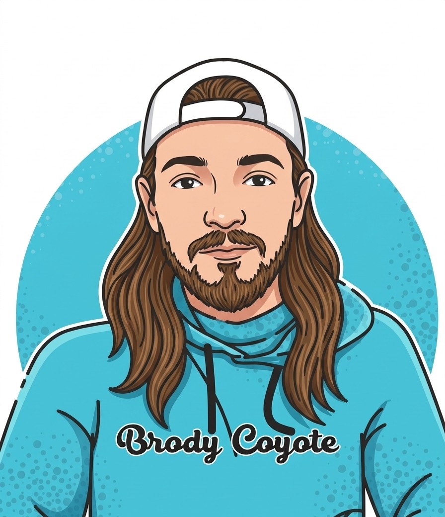 Illustration of a man with long hair, beard, wearing a cap backwards and a blue hoodie with 'Brody Coyote' text.