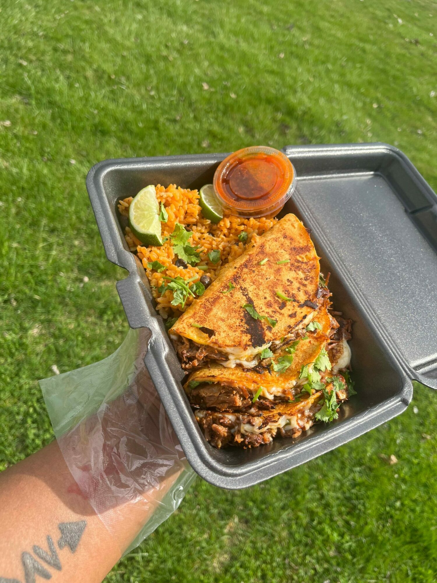 Person holding a takeout container with fried food, rice, and a small container of sauce outdoors on grass