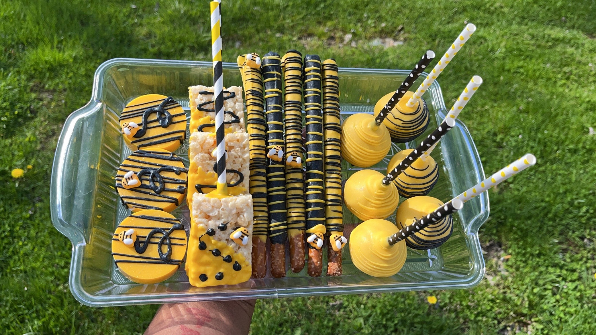 Clear tray with yellow and black decorated treats, including cake pops, cookies, and rolled candies, held outdoors on grass.
