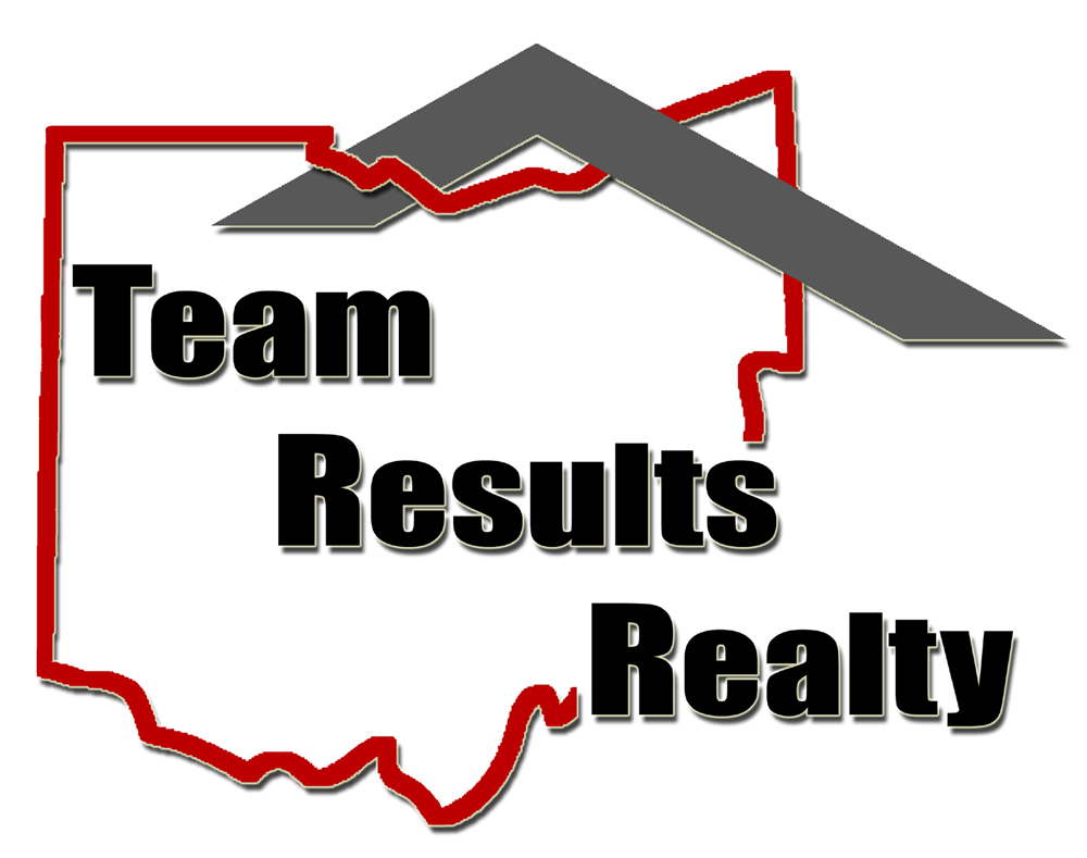 Logo with a mountain and line graph over a map outline, with text: Team Results Realty.