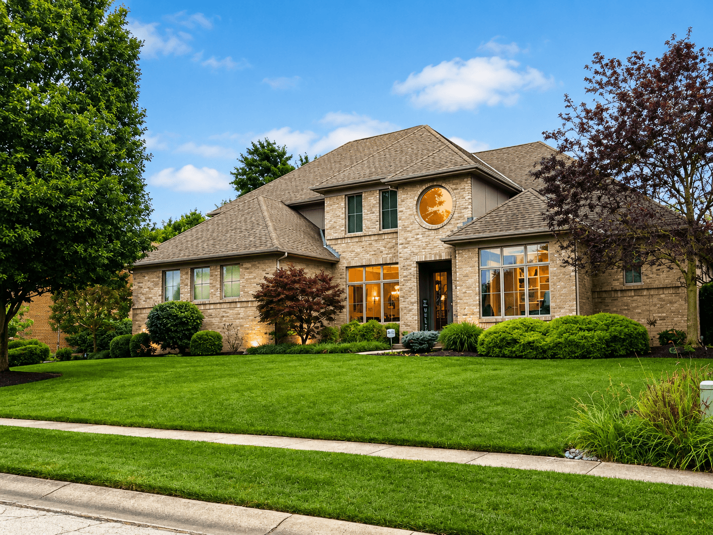 Large house with brick exterior, multiple windows, surrounded by green lawn and trees, under a partly cloudy sky.