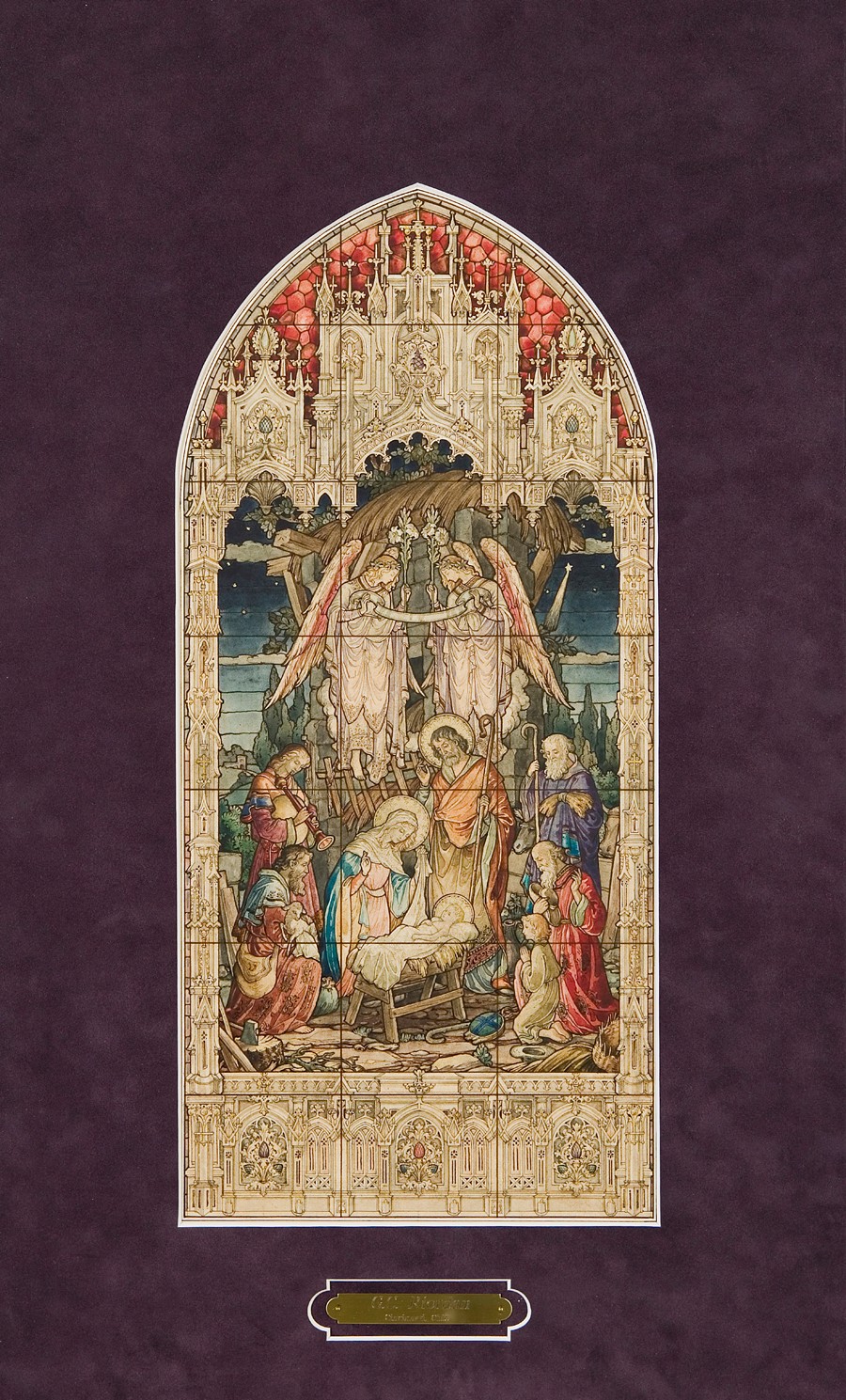 A detailed stained glass window with religious figures and intricate designs, set against a dark background.