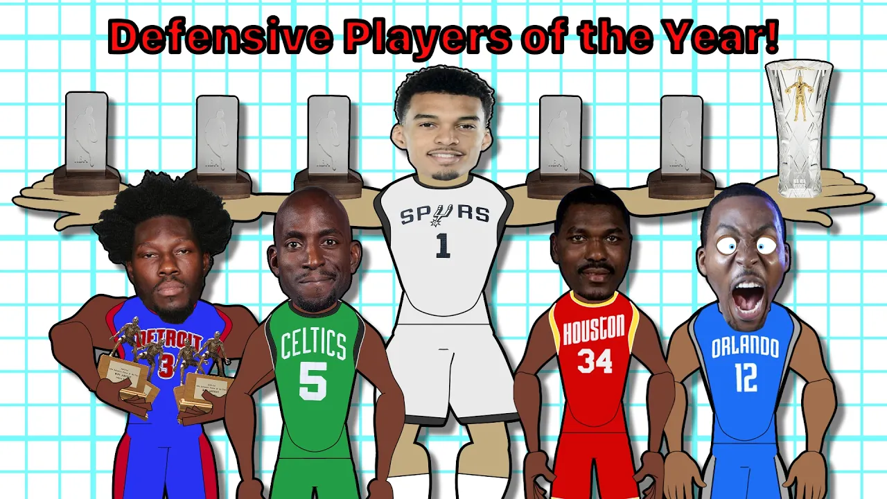 Five cartoon basketball players with different jerseys stand in front of chairs and a trophy, with a caption about defensive players.