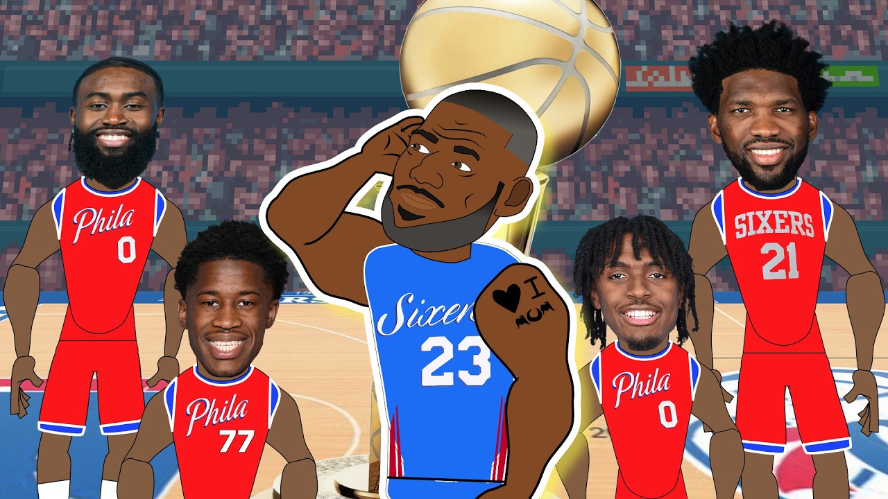 Cartoon basketball players in Philadelphia and Philadelphia 76ers jerseys on a court with a large basketball in the background.
