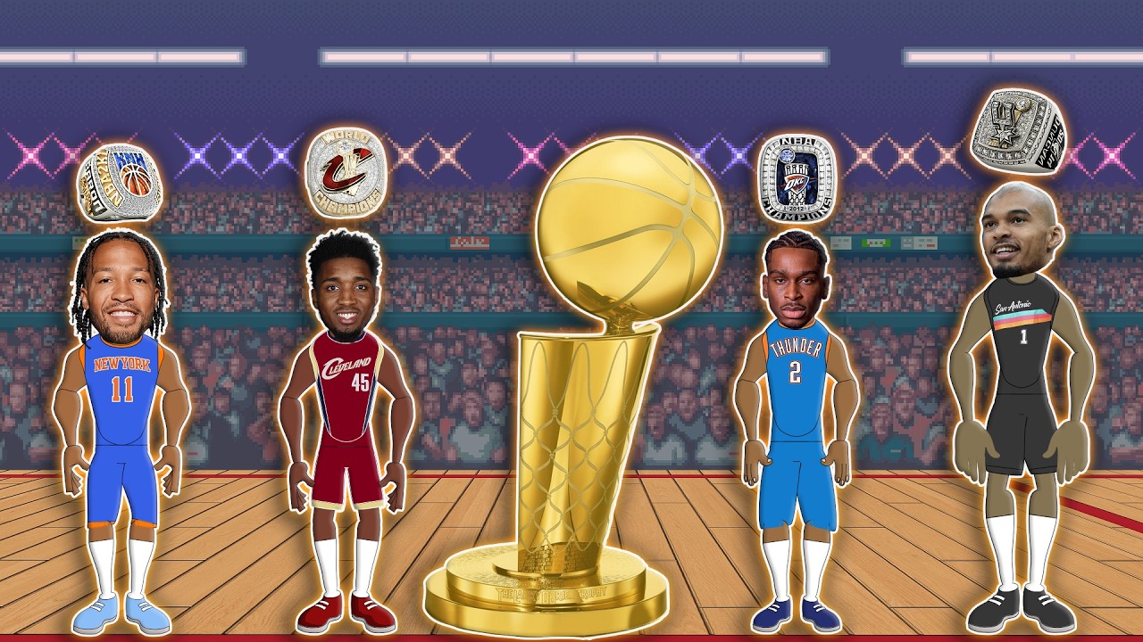 Four basketball players in colorful uniforms stand on a court with a large trophy in the center and a crowd background.