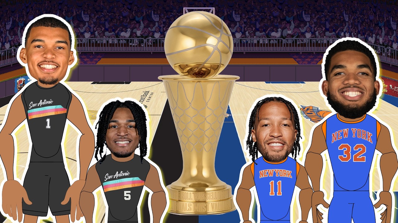 Four cartoon basketball players stand beside a large trophy on a court, with a stadium background.