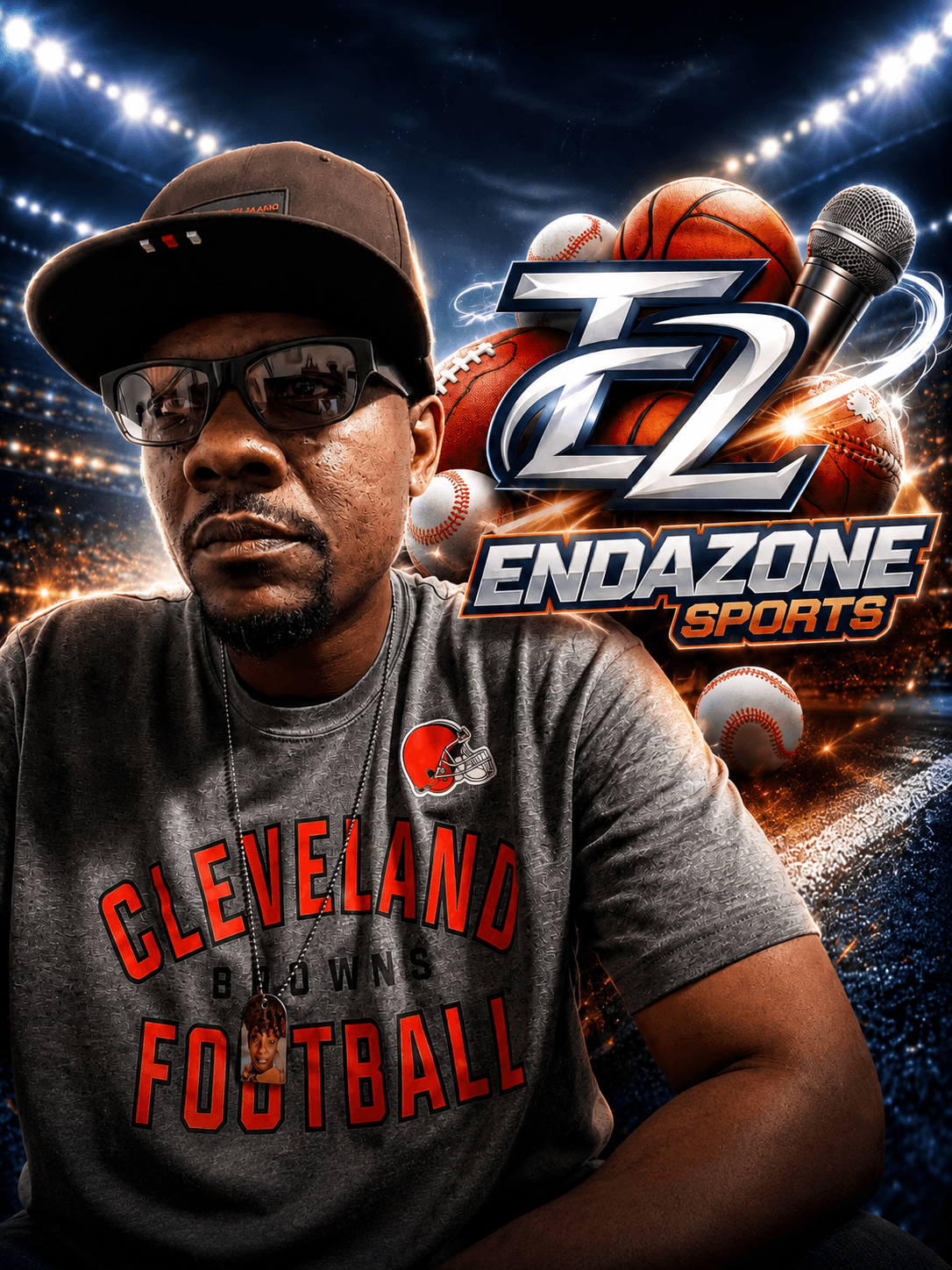 Man wearing Cleveland Browns Football shirt and sunglasses in front of sports-themed background with basketball, microphone, and logo.