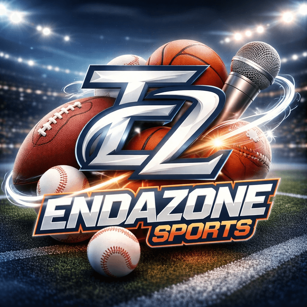 Logo with sports balls, microphone, and text 'EndaZone Sports' on a stadium field background.