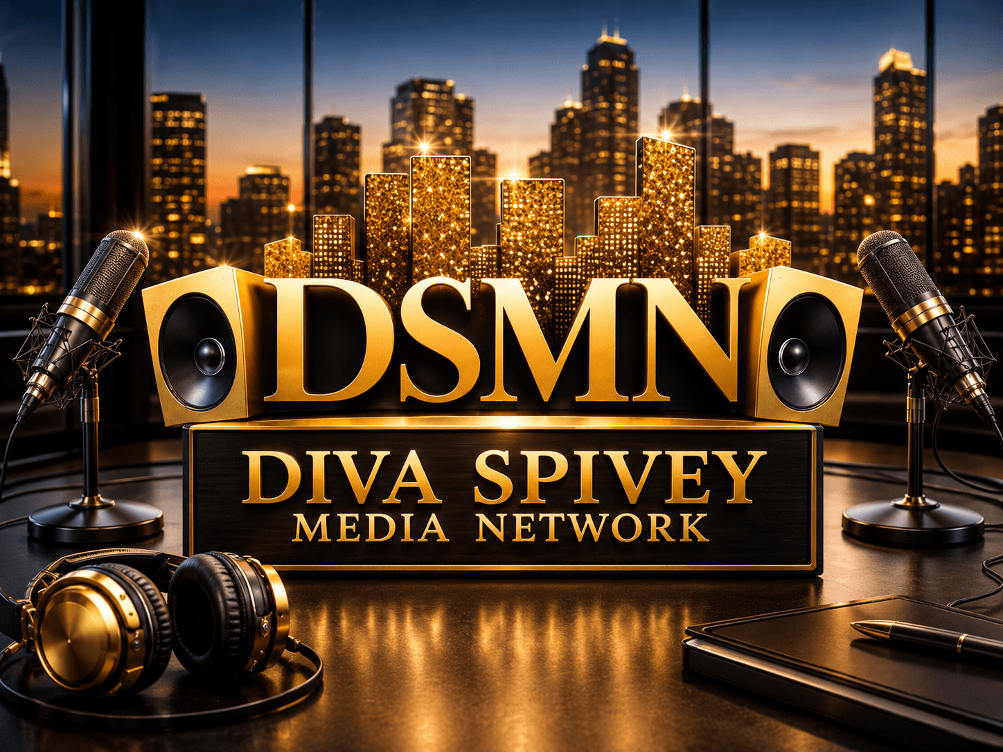 Night city skyline with illuminated buildings, large gold and black DSMN logo, microphones, headphones, and recording equipment.
