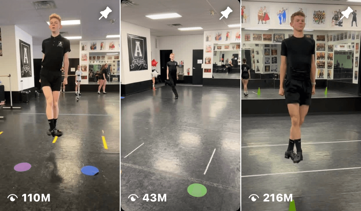 Three images of a person in a black outfit performing jumps in a gym, with different backgrounds and distances.