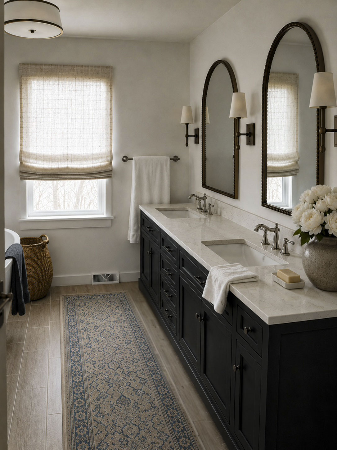 Bathroom with two mirrors, sinks, and a window with a curtain, decorated with flowers and a towel, in neutral tones.