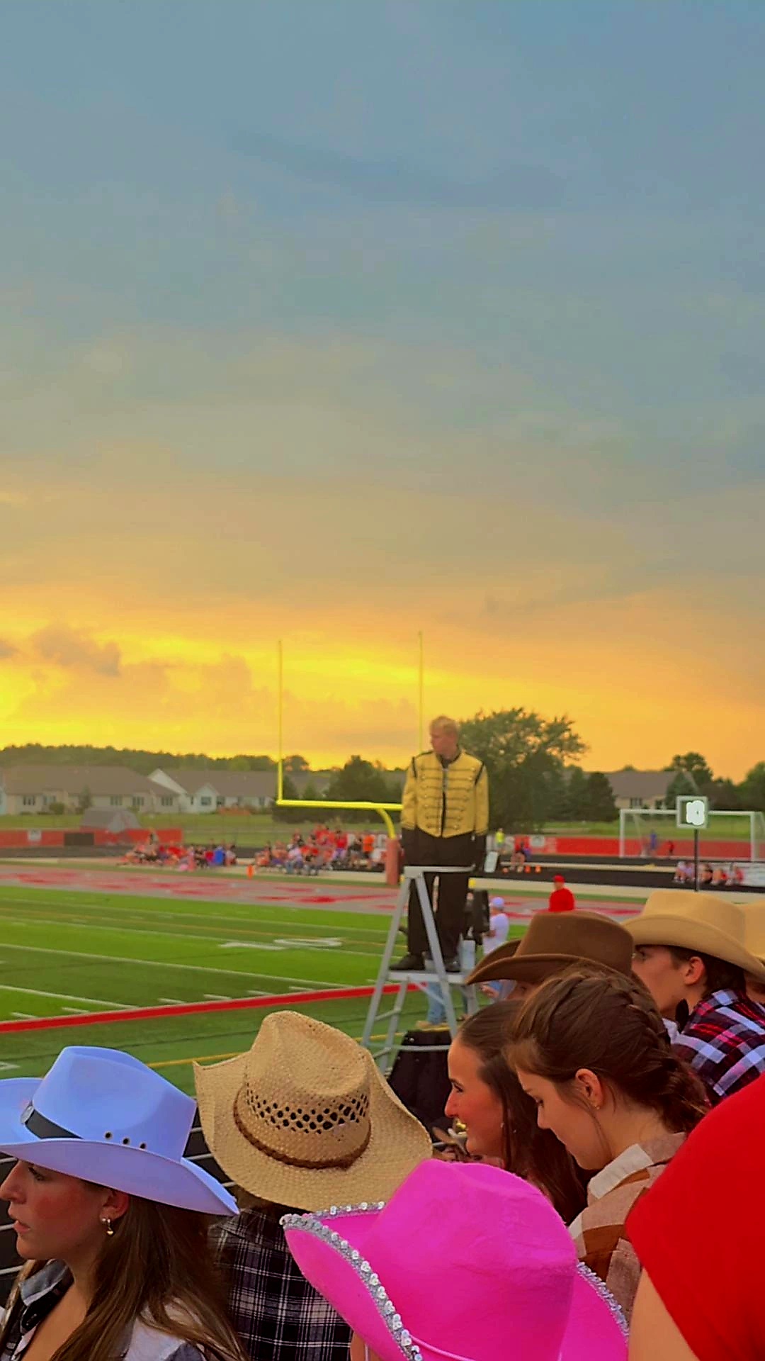 People sitting outdoors watching a sunset, with a person standing on a platform in the background, trees, and a field.