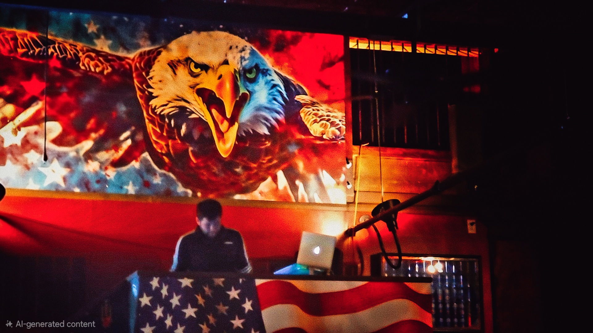 Person standing behind a DJ booth with an American flag, large eagle mural with flames in background, stage lighting.