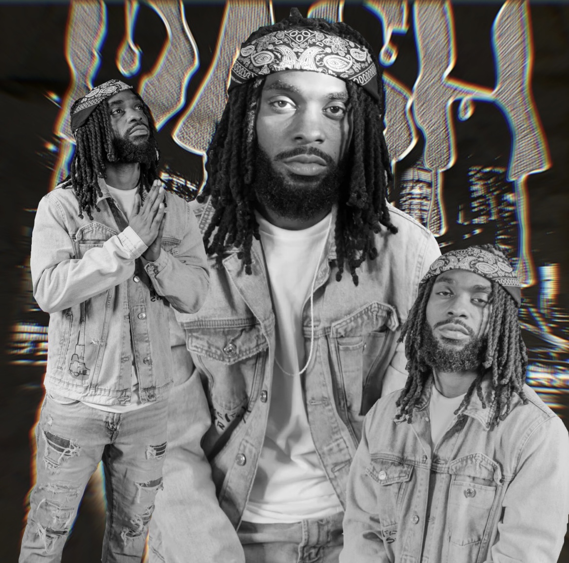 Three men with dreadlocks and bandanas, wearing denim jackets, in front of a cityscape background, black and white image.