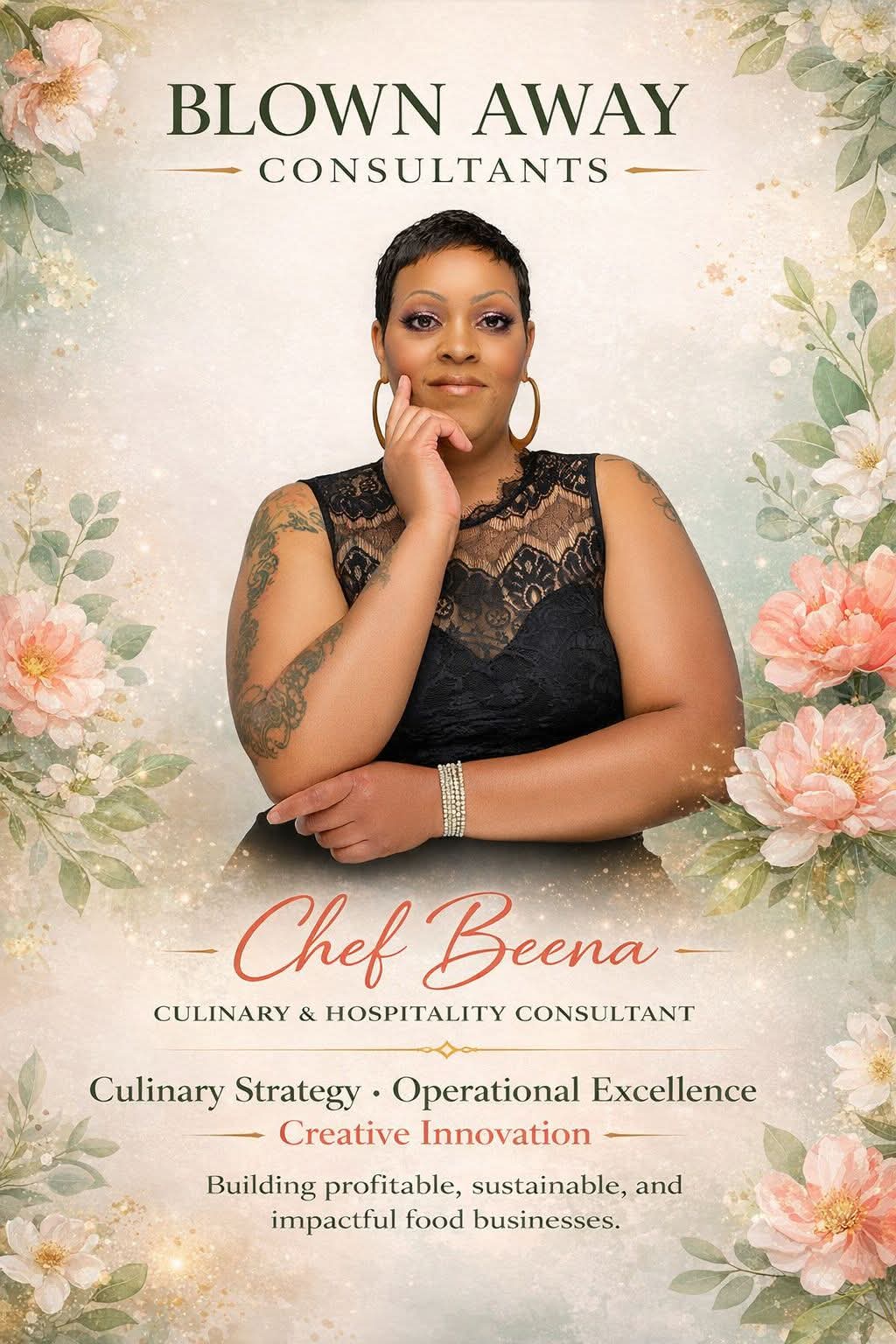 Portrait of a woman with short hair, wearing a black lace dress, surrounded by floral decorations, with text about Chef Beena.