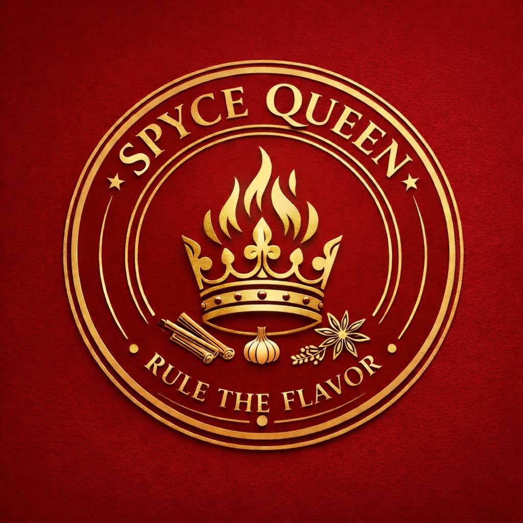 Circular logo with a crown, flame, and herbs, with text 'SPYCE QUEEN' and 'RULE THE FLAVOR' on a red background.