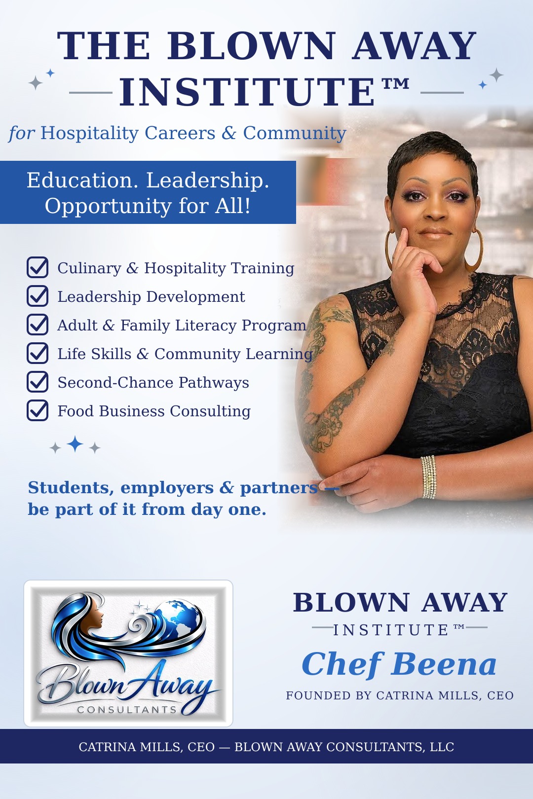 Woman in black dress with tattooed arm, smiling, holding a pen, promotional flyer for The Blown Away Institute, chef training program.