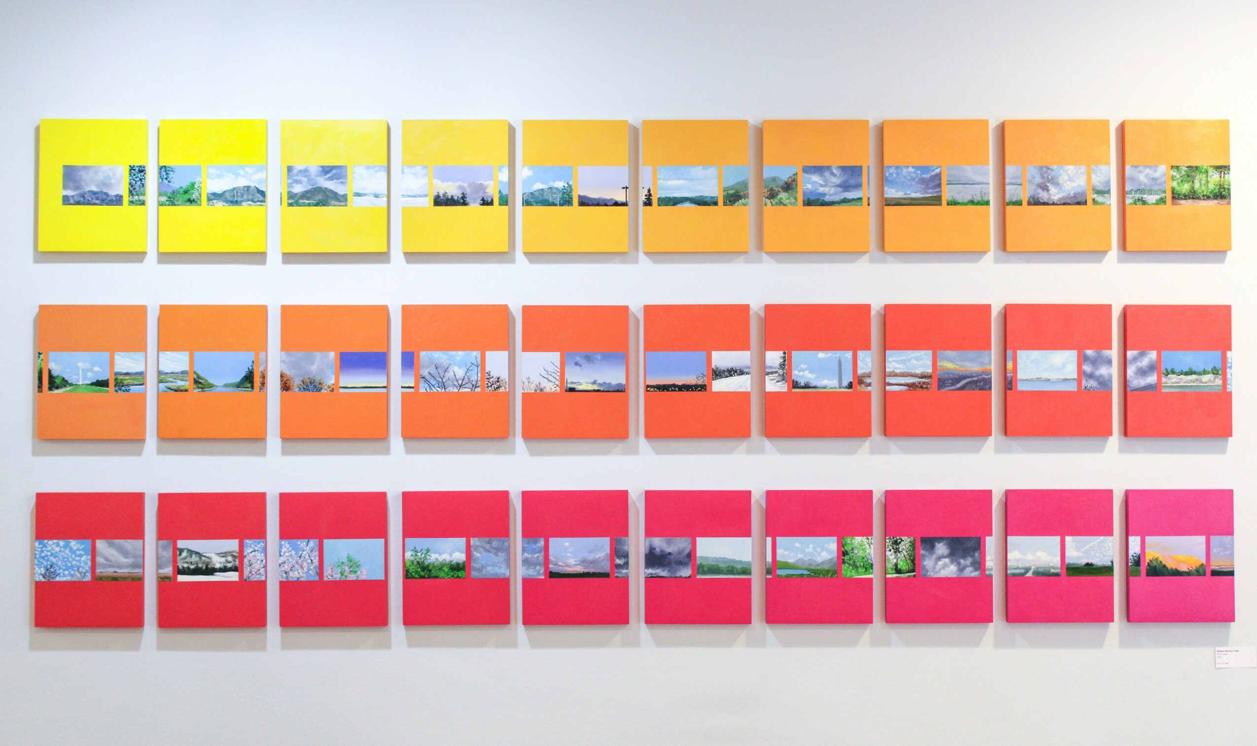 Colorful photo strips arranged in three rows with yellow, orange, and pink backgrounds, displaying various outdoor scenes.