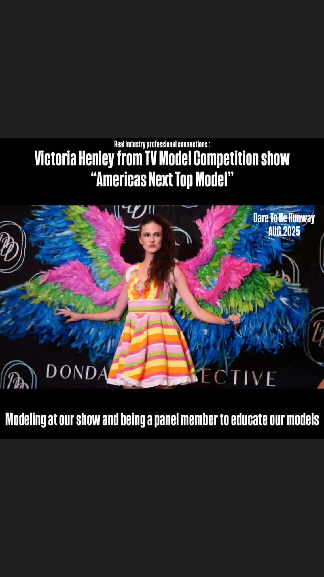 Young woman in colorful dress with large feathered wings on stage, modeling at a competition show, with text overlay.