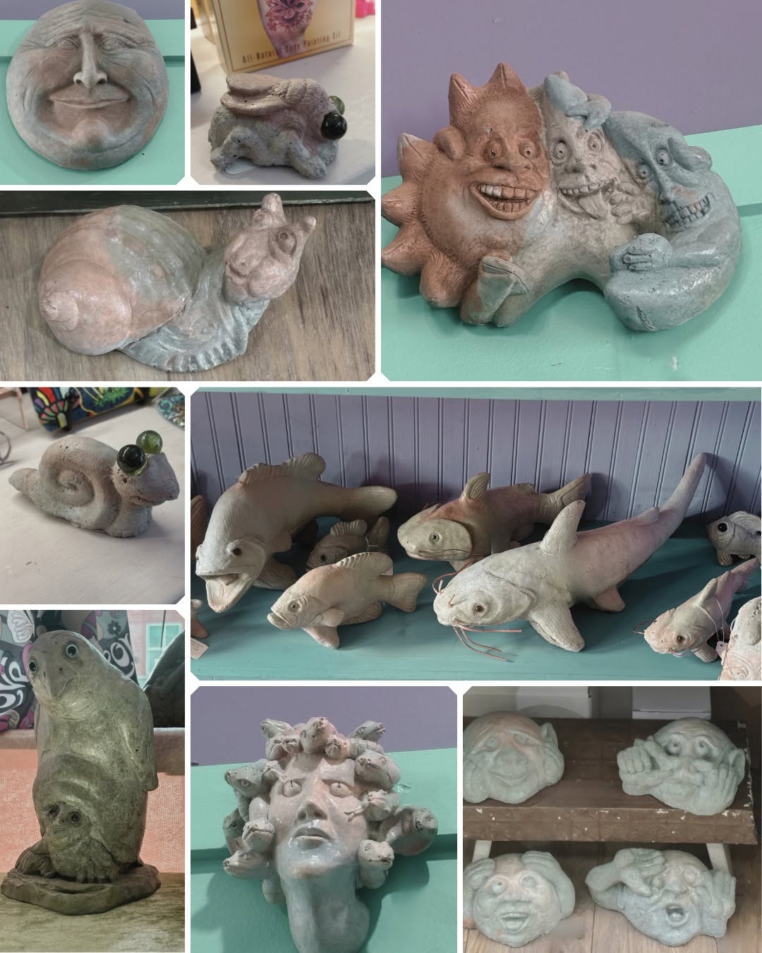 Collection of ceramic animal and face sculptures, including a lion, crocodile, fish, and human faces, displayed on shelves and surfaces.