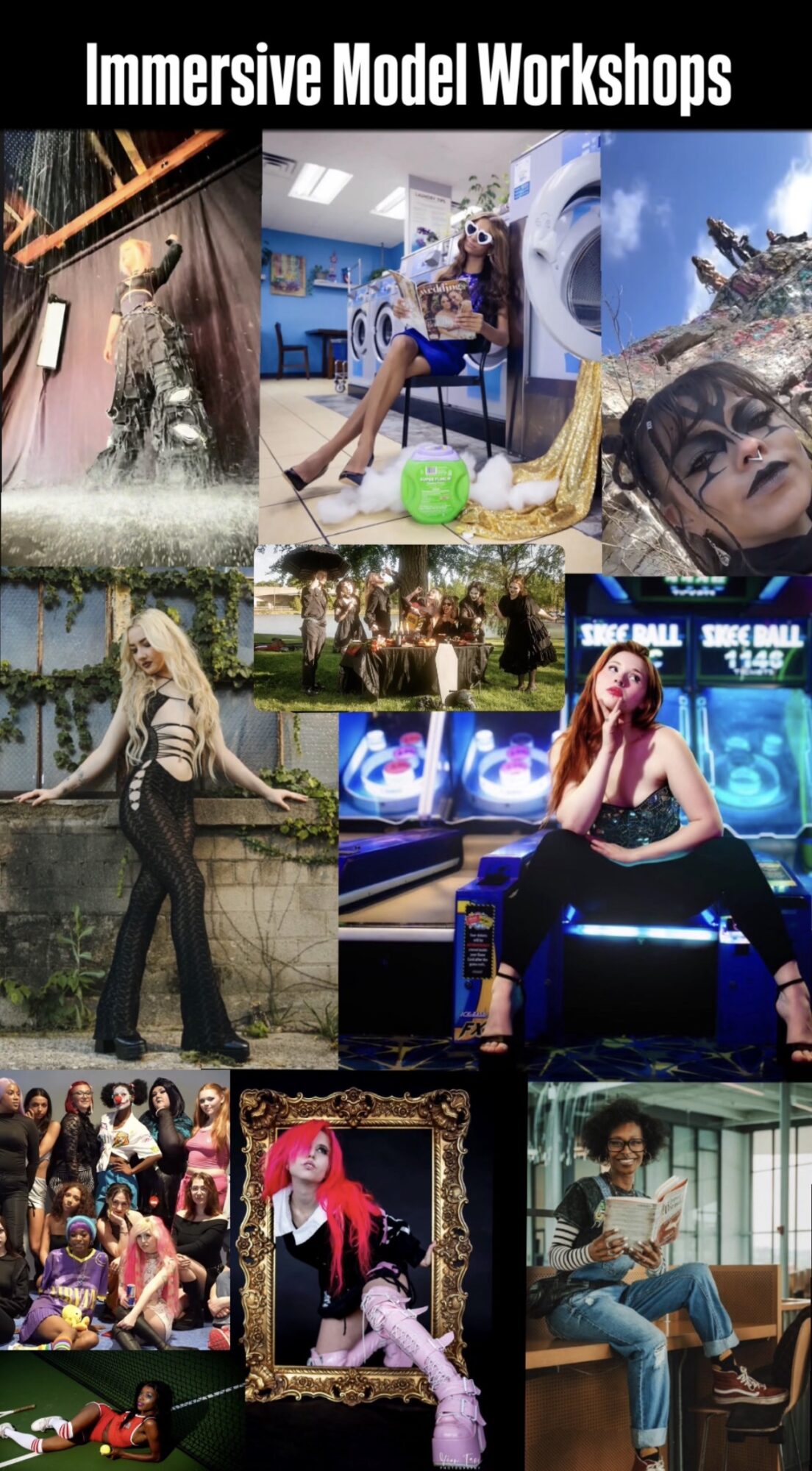 Collage of people participating in immersive model workshops, including virtual reality, gaming, and creative activities, with diverse settings and individuals.