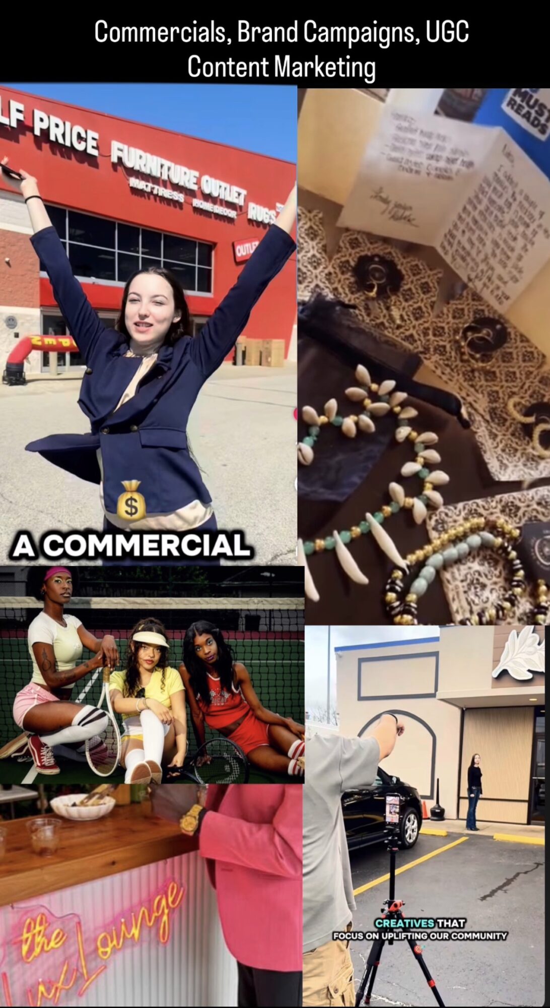 Collage of four images: a woman celebrating outside a store, jewelry and boxes, people sitting on a bench, and a person playing basketball.