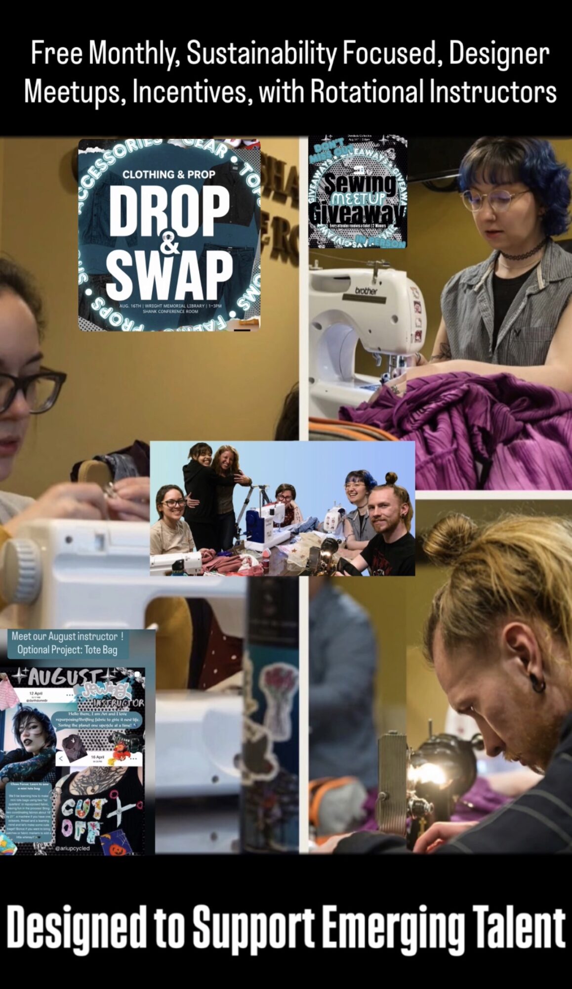 Collage of people sewing, working at tables, and a logo for Drop & Swap clothing exchange event.