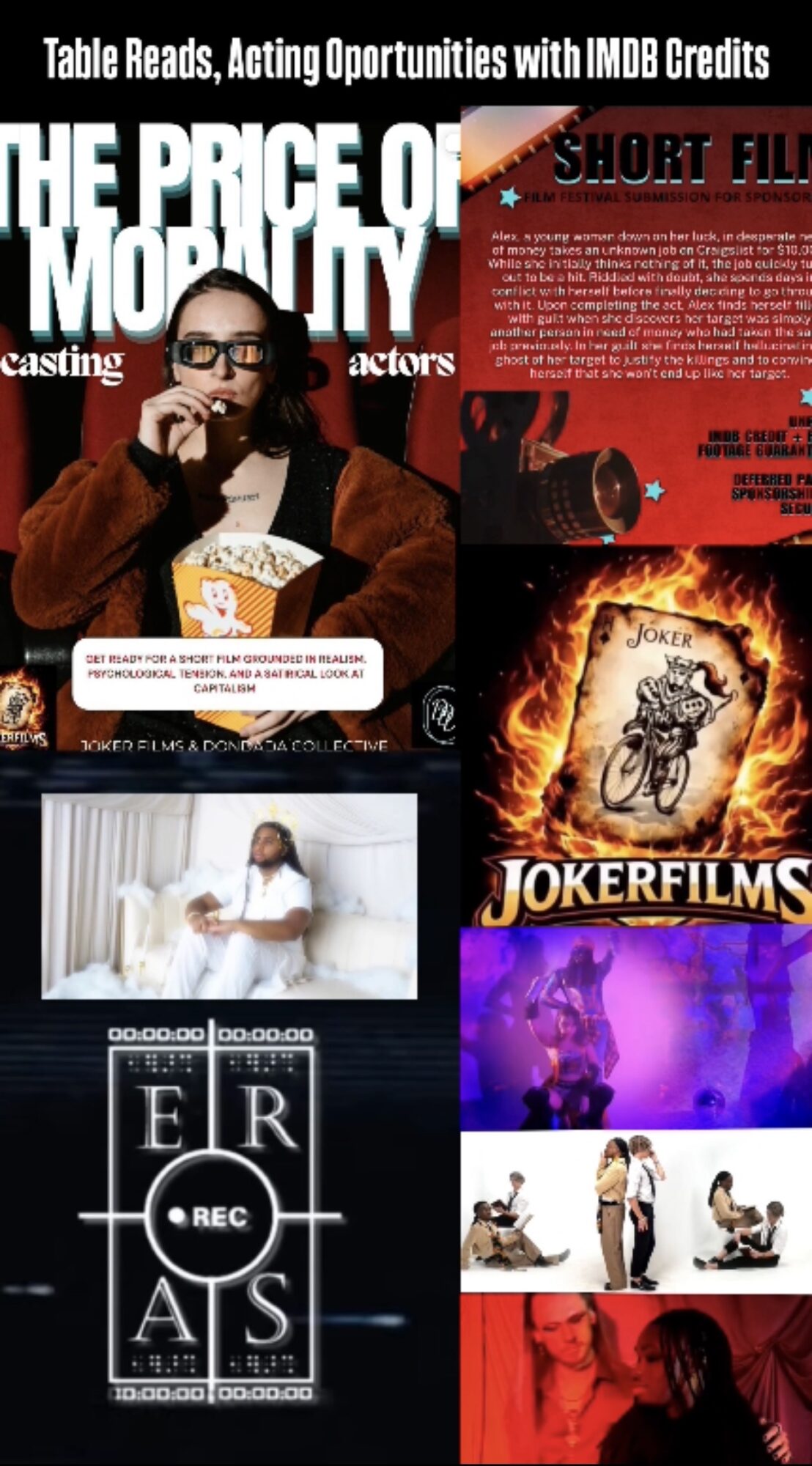 Collage of movie posters and scenes, including a woman eating popcorn, a motorcycle, and children playing, with text overlays.