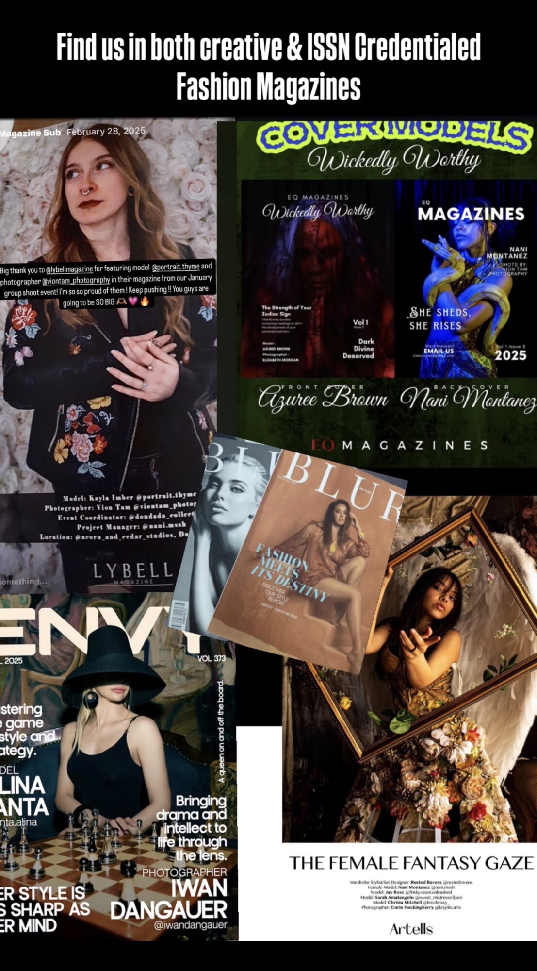 Collage of magazine covers and a woman in a black floral dress, with text about fashion magazines and credentials.