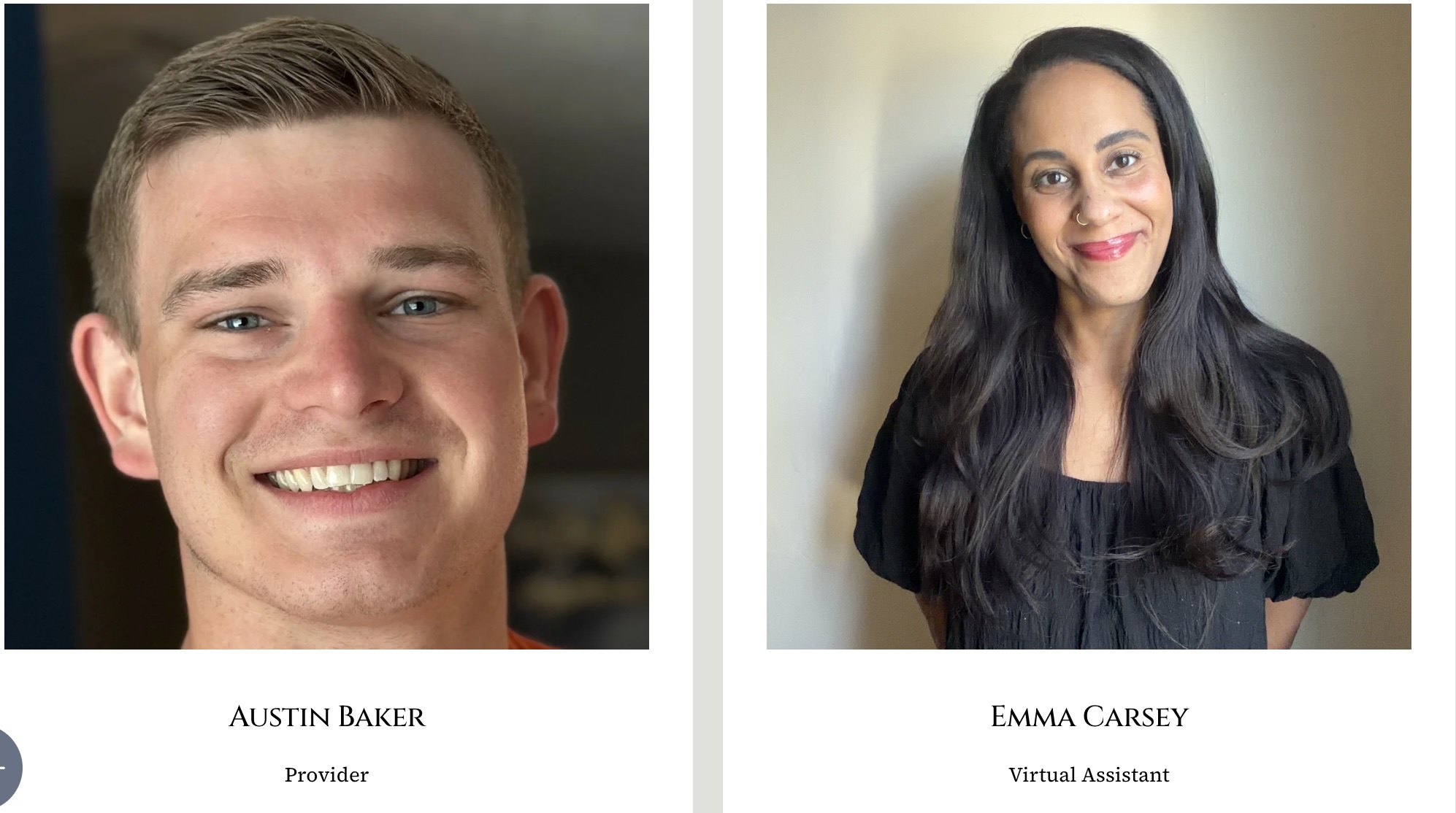 Headshots of a smiling young man and a woman with long dark hair, both facing forward.