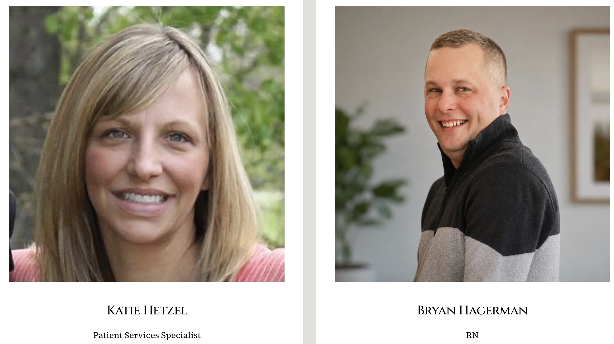 Two portraits of smiling individuals, a woman outdoors and a man indoors, with names and titles below.