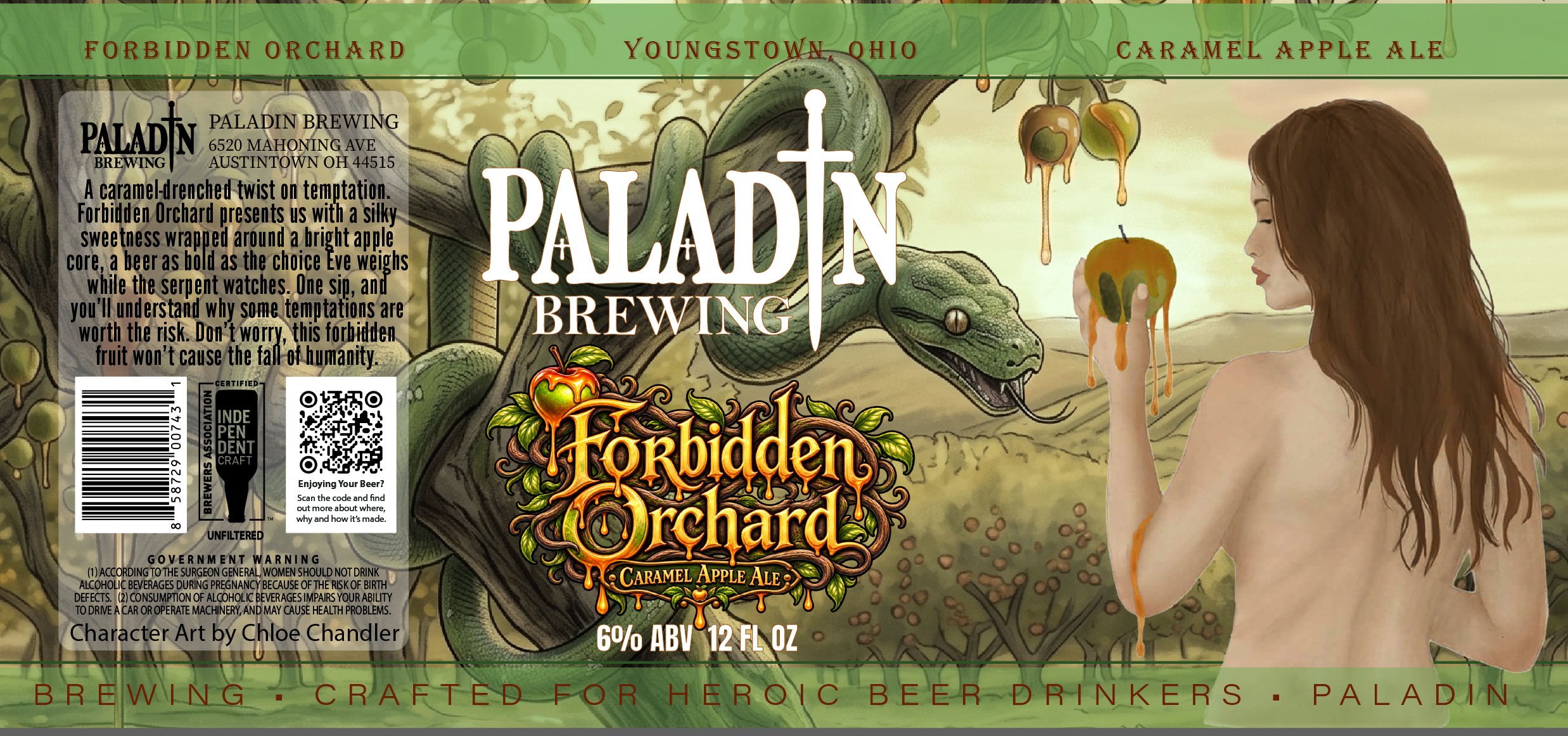 Label for Paladin Brewing's Forbidden Orchard caramel apple ale with a woman holding an apple, green background.