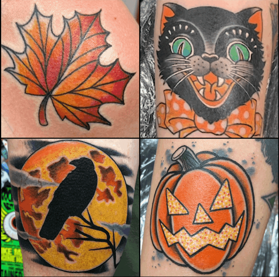 Four tattoo designs: a colorful maple leaf, a black panther face, a crow on a branch, and a carved pumpkin with a face.