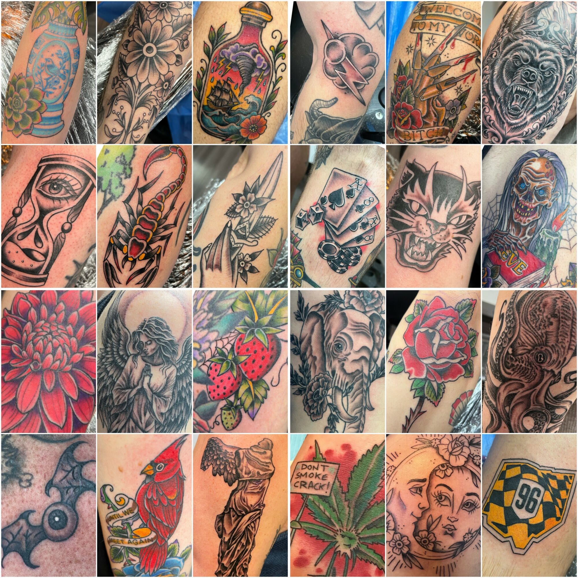 Collection of various colorful tattoos on skin, including flowers, animals, objects, and abstract designs.