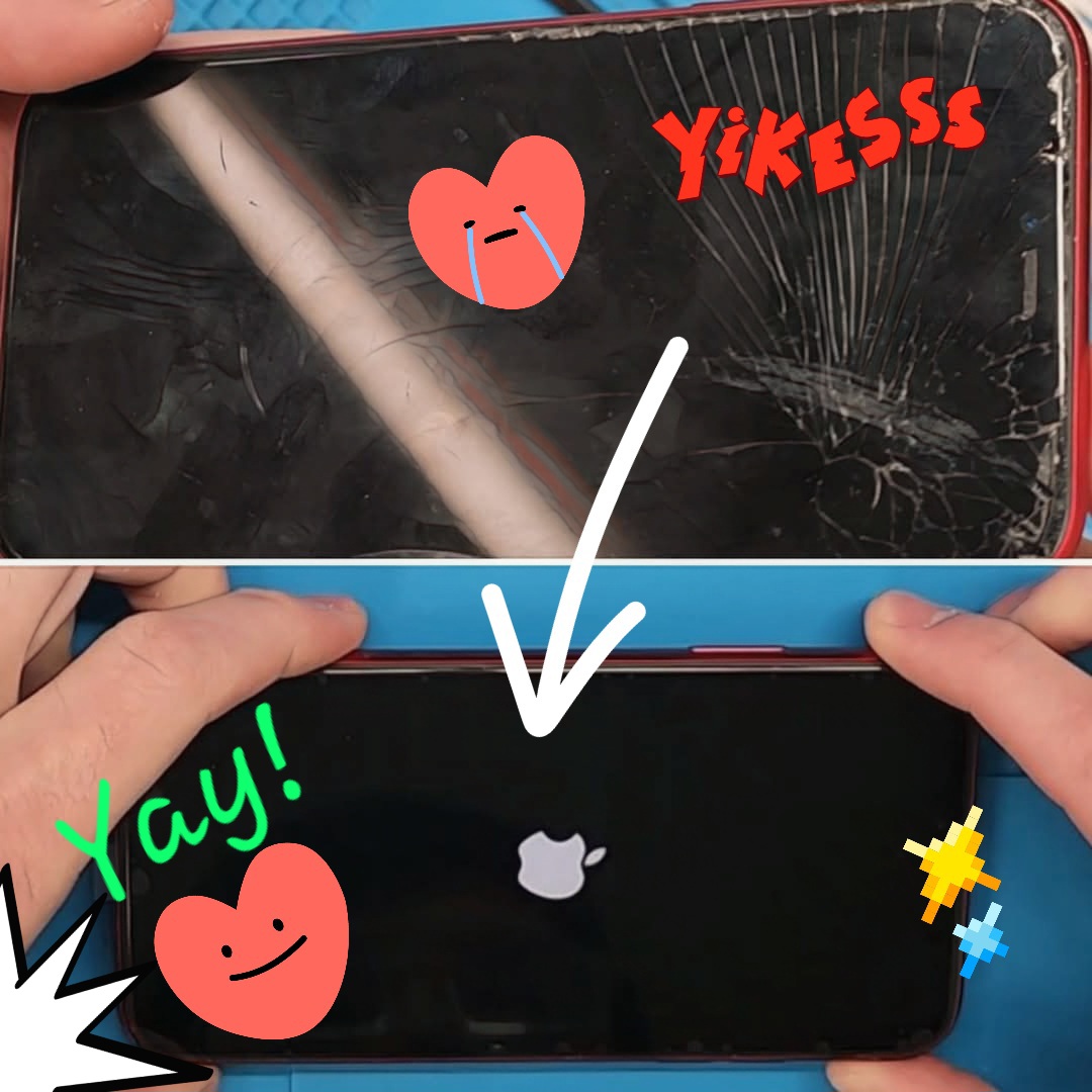 Two smartphones, one with a cracked screen, display stickers and a logo, with a hand pointing at the Apple logo.